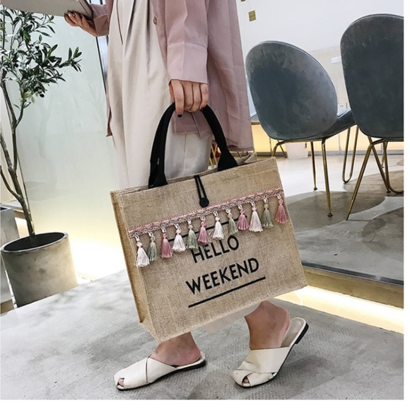 Hello Weekend Mode- Tassel Linen Shoulder Bag - Picture 4 of 8